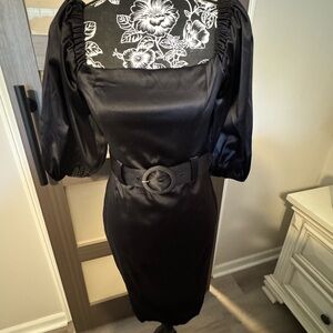 Premier Black Sheath Dress with Puff Sleeves and Square Neck